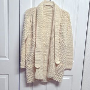 Hand Crochet Pastel Yellow Pocket Tie Belt Popcorn Knit Long Cardigan Sweater L